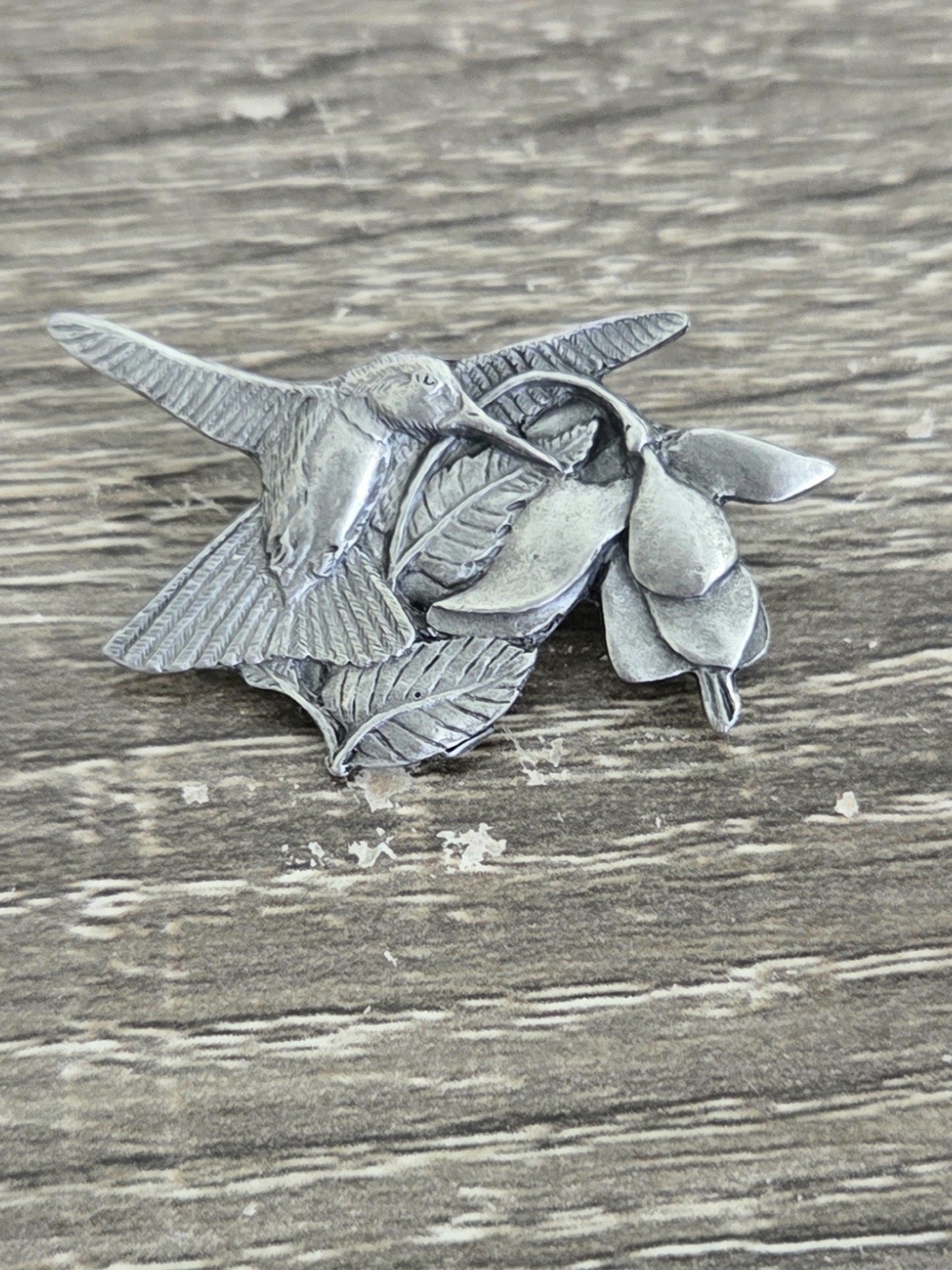 Birds & Bloom Premier Edition 1995 Carved Pewter Hummingbird & Flower Pin Brooch